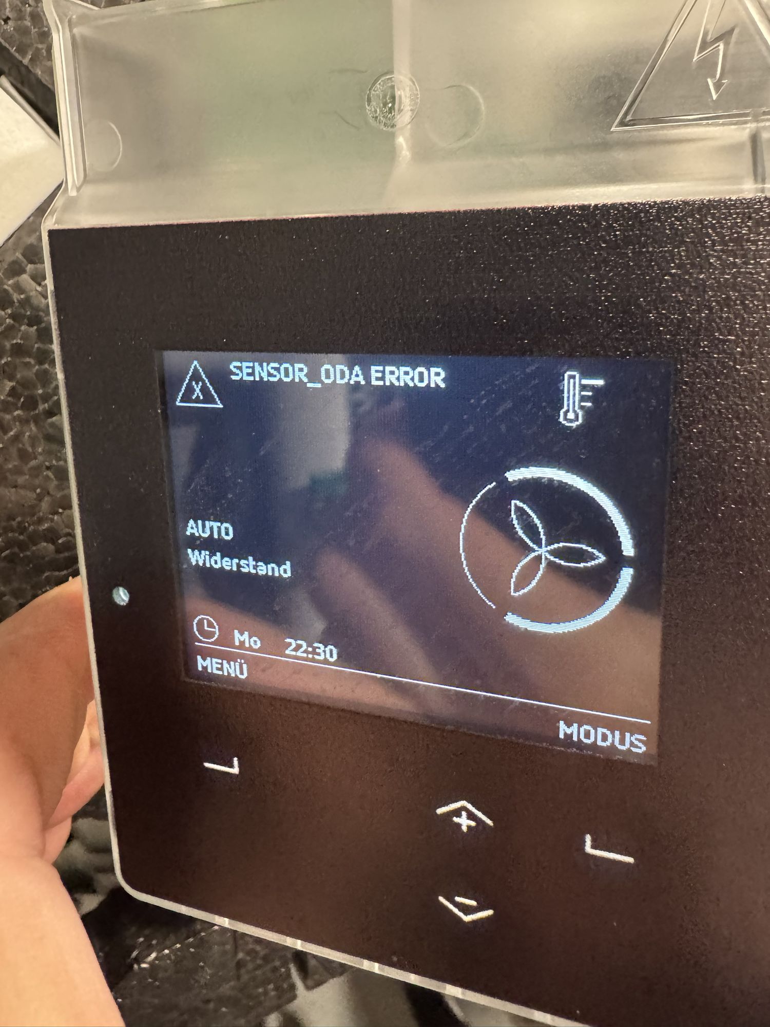 Display of the ventilation unit showing SENSOR_ODA ERROR