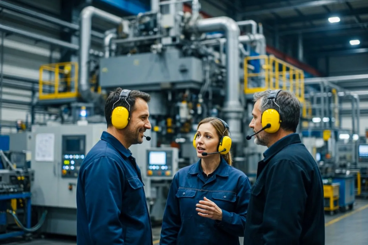 Conversation with headsets in a noisy factory hall