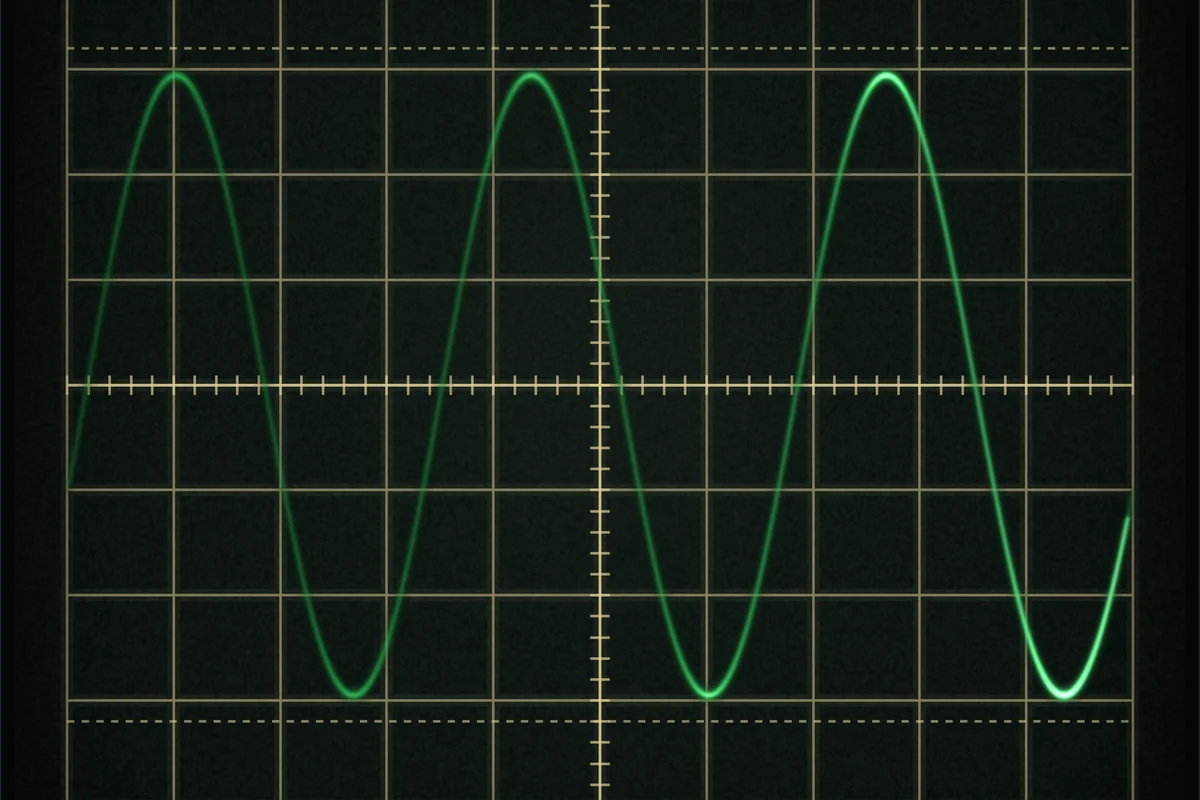 Tube screen with a green sine wave glowing on an illuminated graticule