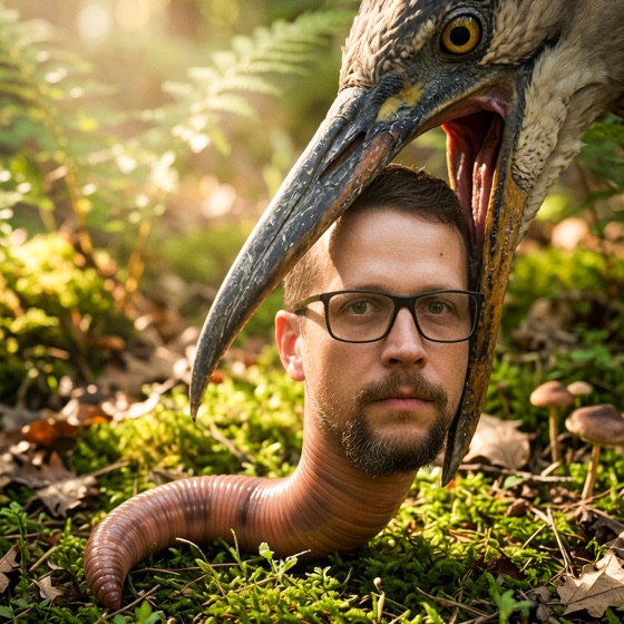 Steven als Regenwurm, kurz bevor ihn ein Reiher aufpickt