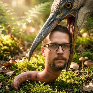 Steven as an earthworm, about to be picked up by a heron