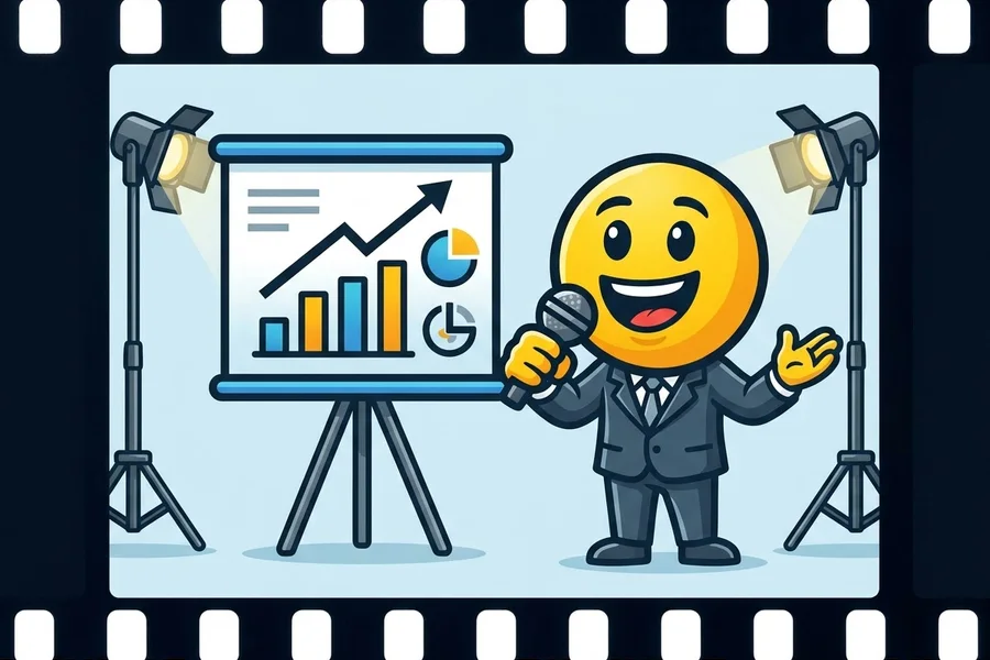 Studio Edit logo: a laughing smiley in a suit with a microphone in front of a presentation board, studio lights on both sides, inside a film strip
