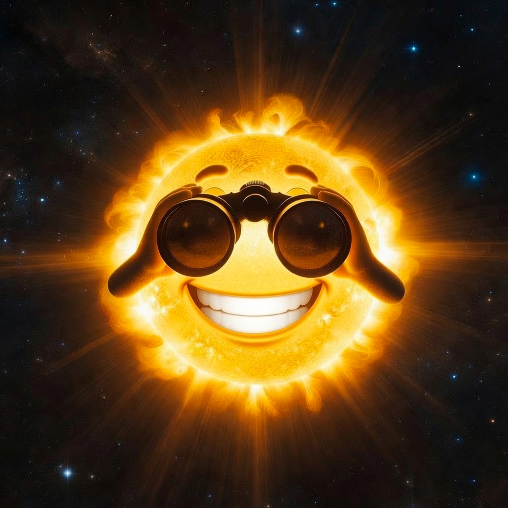Lachende Sonne mit Fernglas im Weltall