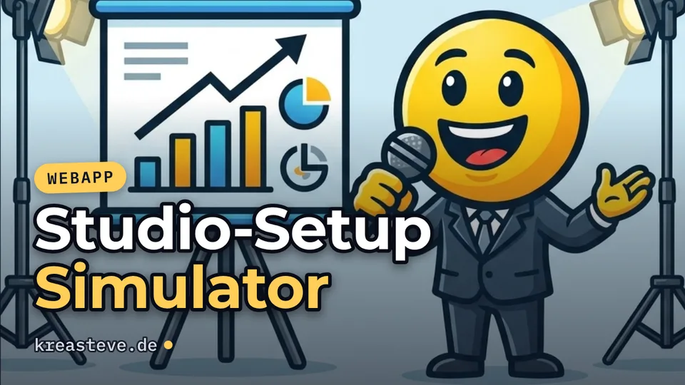 Video thumbnail: a laughing smiley in a suit holding a microphone between studio lights, title “Studio-Setup Simulator”